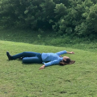 Synthetic training example: an anomaly, a person lying on the grass.